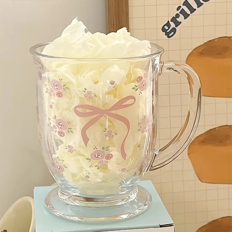 Rose Bow Pattern Glass Cup 450ml | U-Shaped Floral Glass Decorative Glass Cup Babs