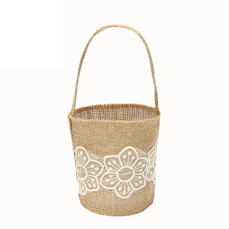 Rustic Lace Linen Flower Basket – Wedding & Party Gift Bag Decorative Flower Basket Babs 7