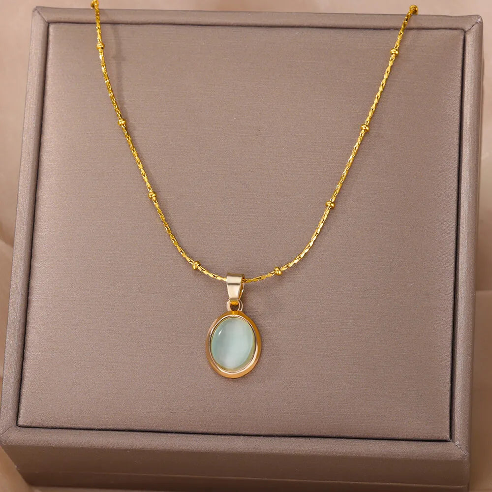 Opal Oval Pendant Necklace – Gold Stainless Steel for Women Pendant Necklace Babs N04669G-2 45cm