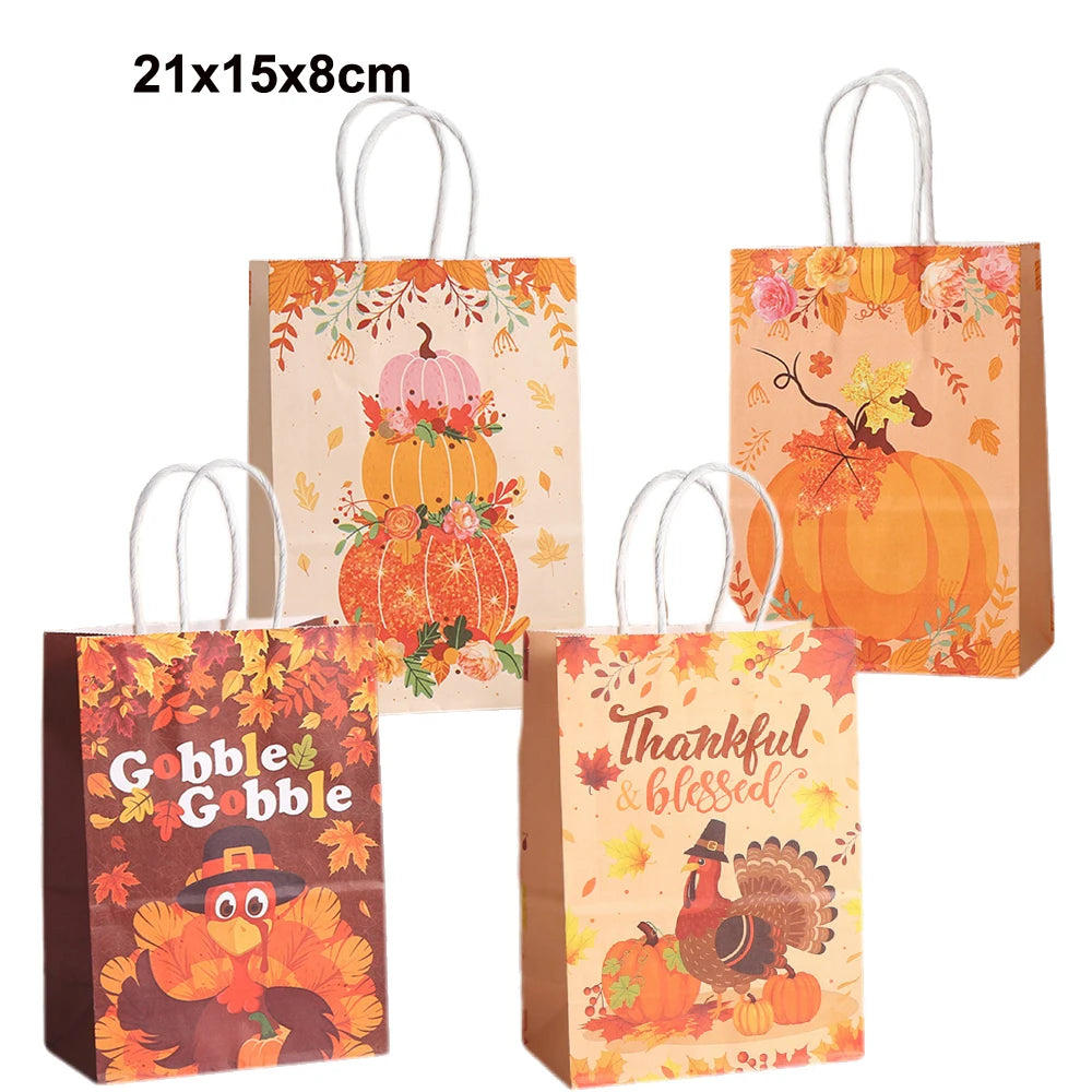 Thanksgiving Kraft Gift Bags | Maple Leaf, Pumpkin & Turkey Print Kraft Paper Gift Bags Babs Mix B 15x8x21cm 40pcs