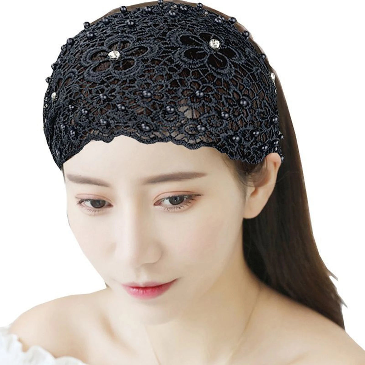 Women's Wide Hollow Headband – Rhinestone & Pearl Flower Women's Hair Headband Babs Black One Size
