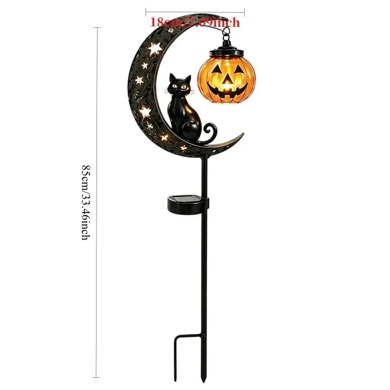 Solar Halloween Stake Lights – Black Cat & Pumpkin Moon Garden Solar Garden Stake Light Babs