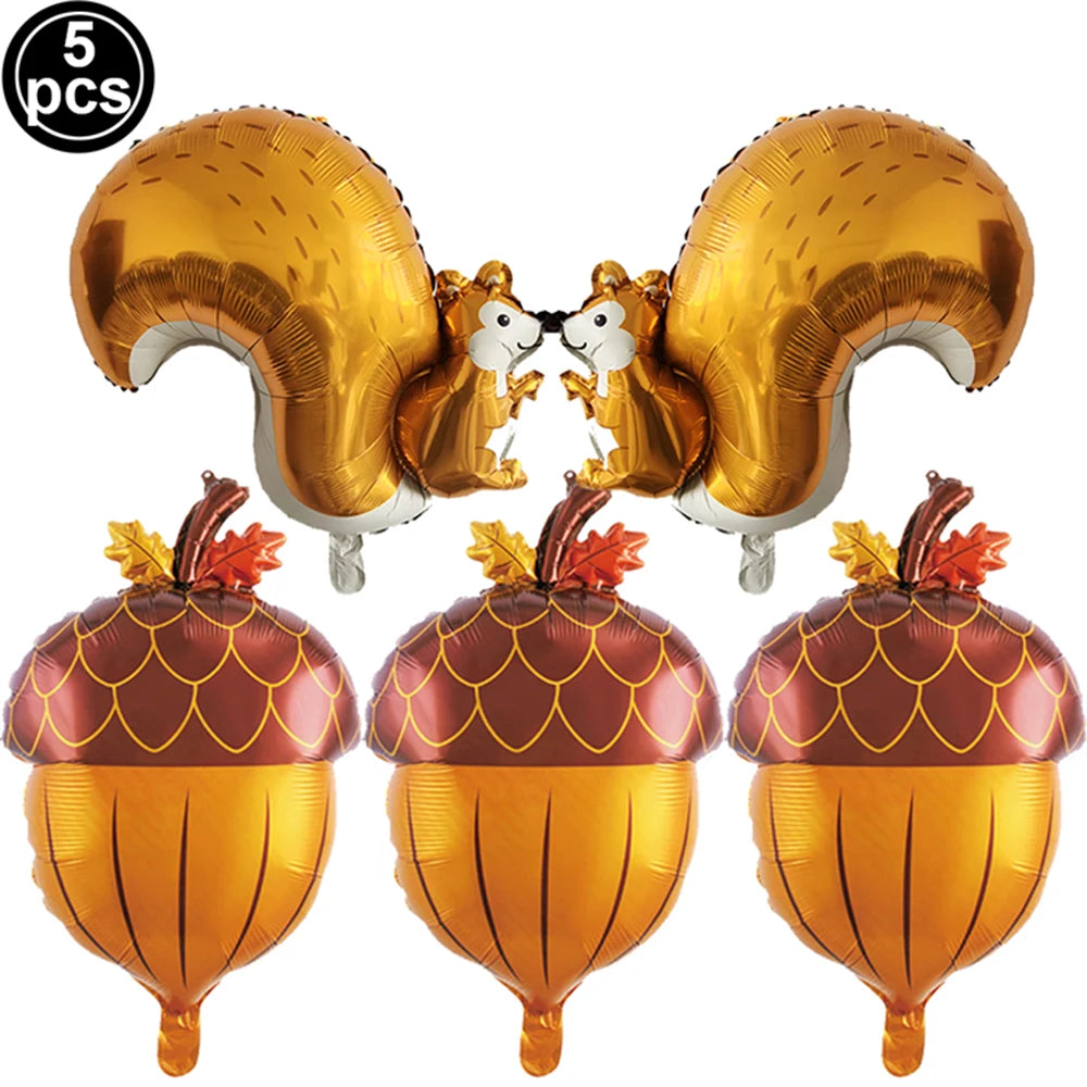 5-Piece Thanksgiving Foil Balloon Set – Maple Leaf, Acorn & Squirrel Party Foil Balloons Babs