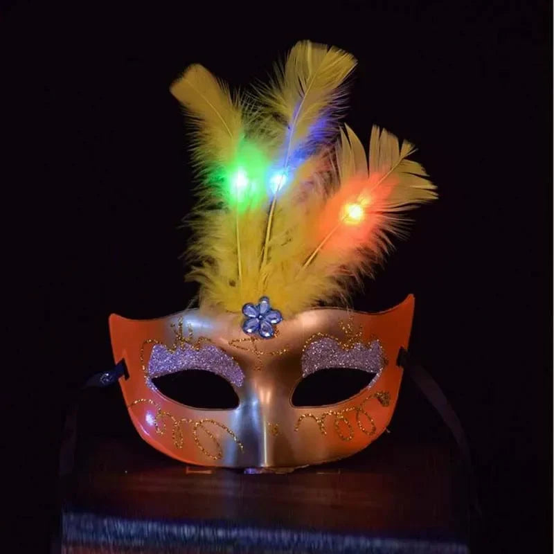 LED Flashing Feather Venice Mask – Masquerade Party Cosplay Feather Ball Mask Babs