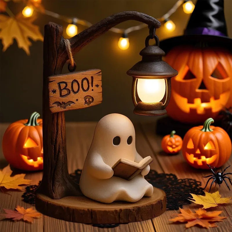 Ghost Reading Figurine Halloween Night Light Tabletop Ornament Halloween Decorative Figurine Babs