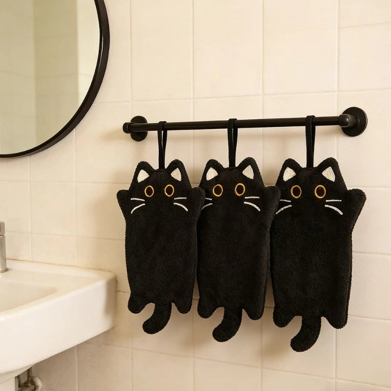 Cute Black Cat Hanging Hand Towel – Soft Coral Fleece, 30x19cm Hand Towel Babs