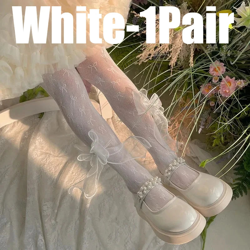 Girls Bow Lace Pantyhose – Cute Kids Stockings for Dance & Parties Girls Lace Pantyhose Babs White-1Pair L 120-150cm