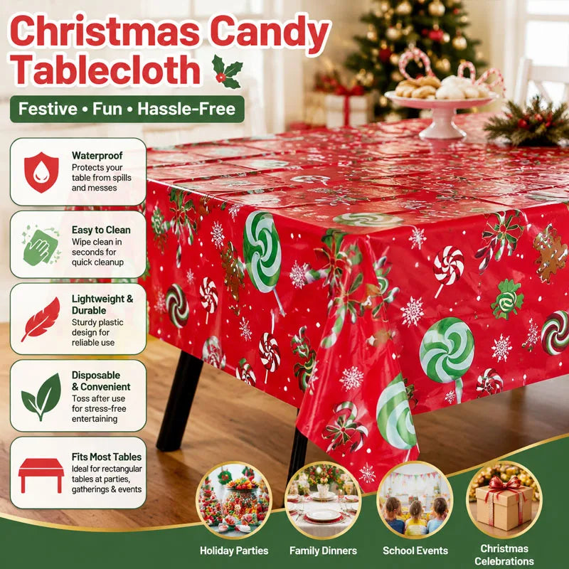 Candy Christmas Disposable Tablecloth – Waterproof Holiday Disposable Tablecloth Babs