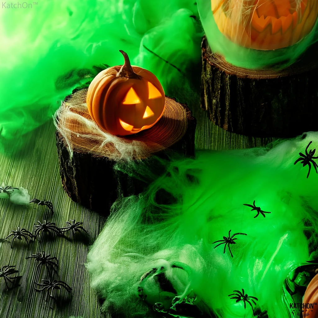 Glow-in-the-Dark Spider Web & 20 Black Spiders Halloween Decor Halloween Decoration Babs