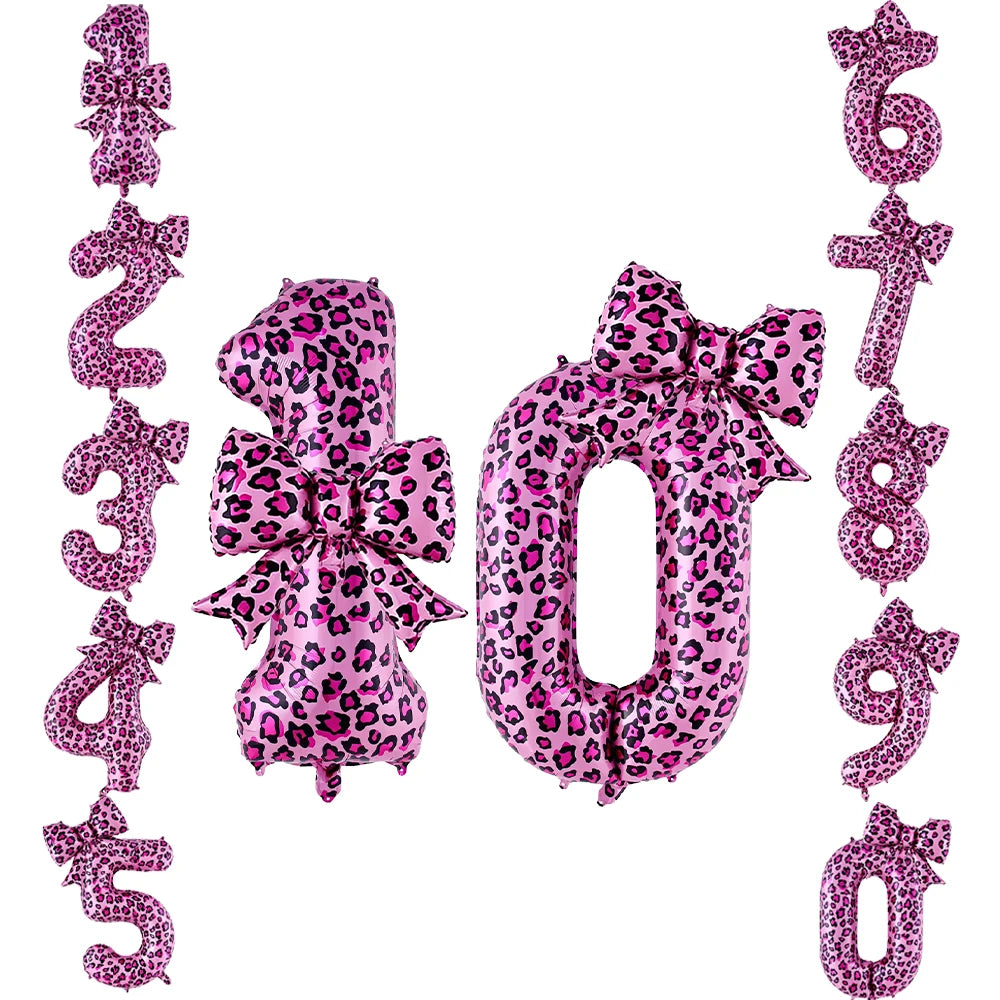 32" Pink Leopard Number Foil Balloons with Bow – Party Decor Party Foil Balloons Babs