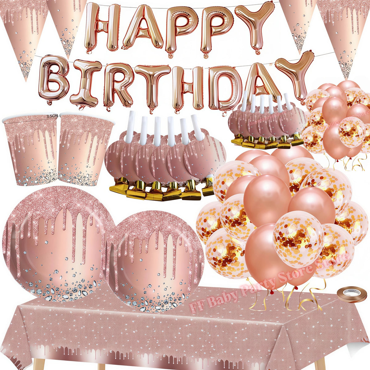 Pink Rose Gold Diamond Glitter Party Plates & Cups – 6pc Party Tableware Set Babs