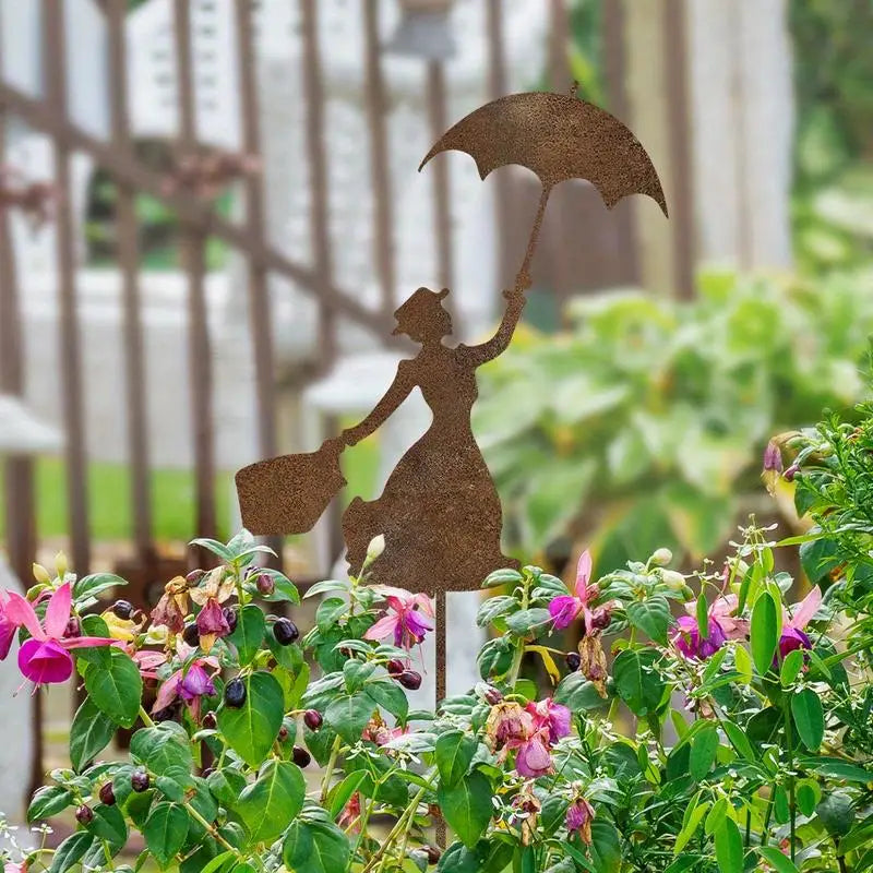 Rusty Metal Garden Stake – Woman with Umbrella Outdoor Decor Garden Stake Decor Babs