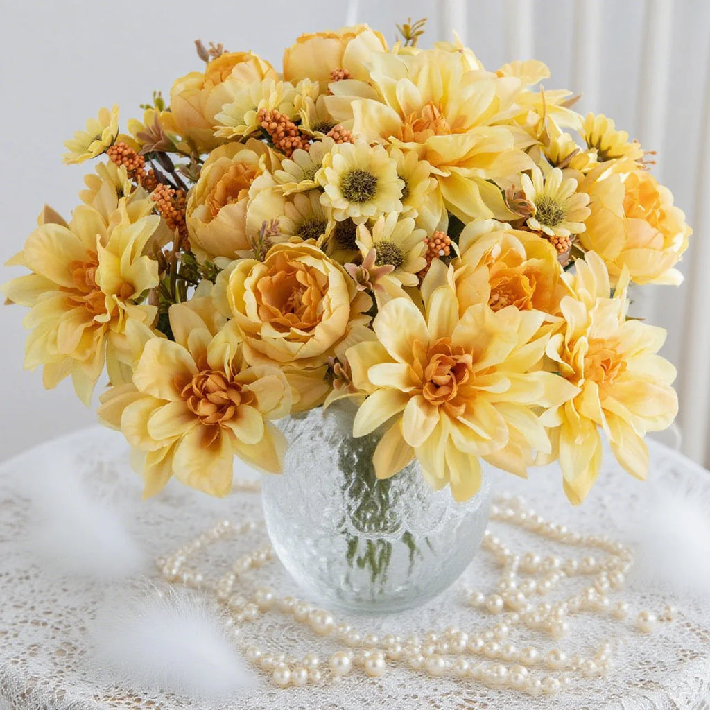 Silk Artificial Dahlia Rose Daisy Bouquet – Wedding & Home Decor Artificial Flower Bouquet Babs