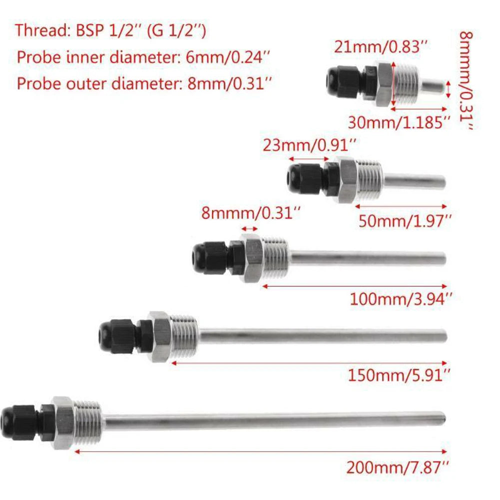 304 Stainless Steel Thermowell G1/2 Thread 30–200mm, 6mm Tube Thermowell Fitting Babs