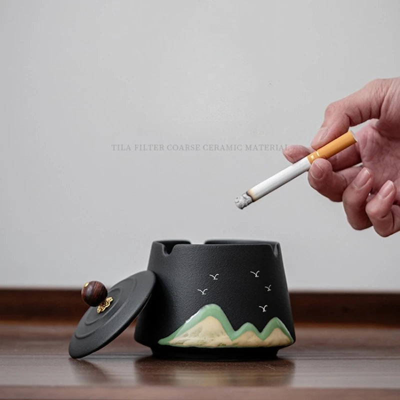 Ceramic Ashtray with Lid – Chinese Style Stoneware Home & Office Decorative Ashtray Babs