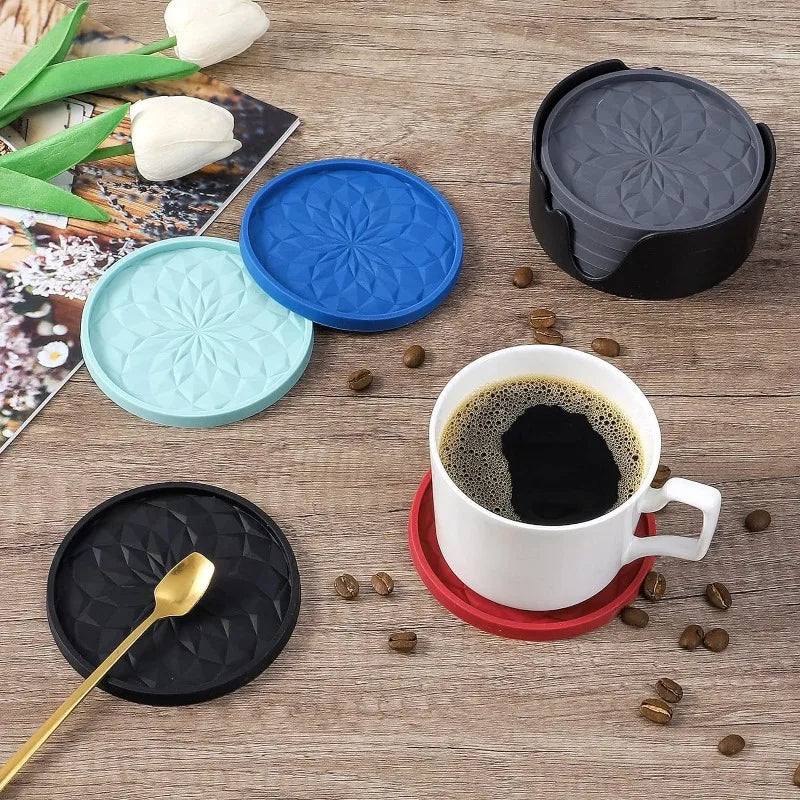 6-Pack Silicone Coasters with Holder – Non-Slip Diamond Pattern Silicone Coaster Set Babs