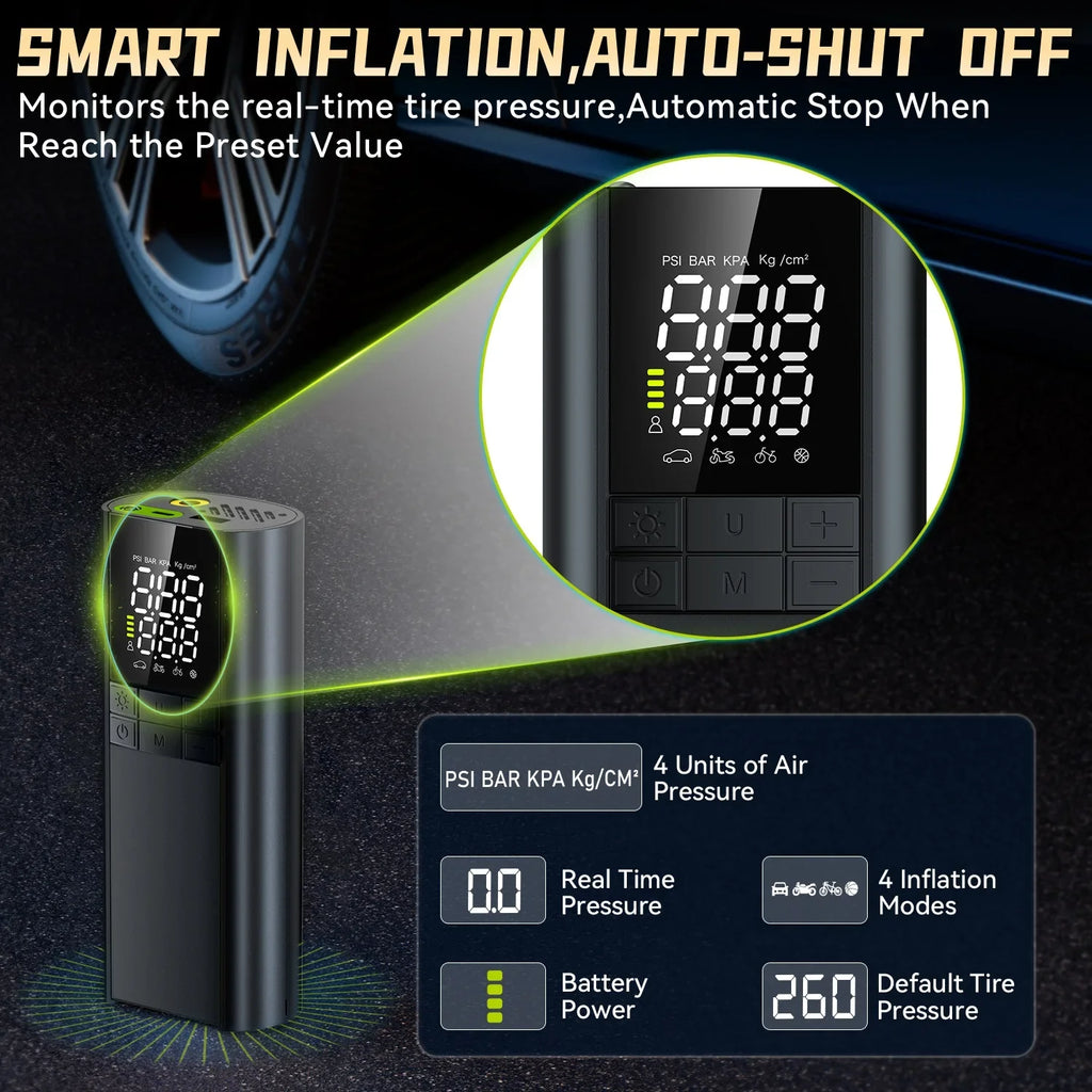 Portable Tire Inflator Pump – SOS Light, 5 Modes, Auto Shutoff Tire Inflator Pump Babs