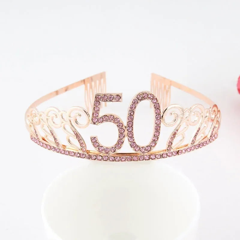 Rose Gold Satin Sash & Crystal Crown Tiara Set – Birthday Party Party Sash & Tiara Set Babs crown 50
