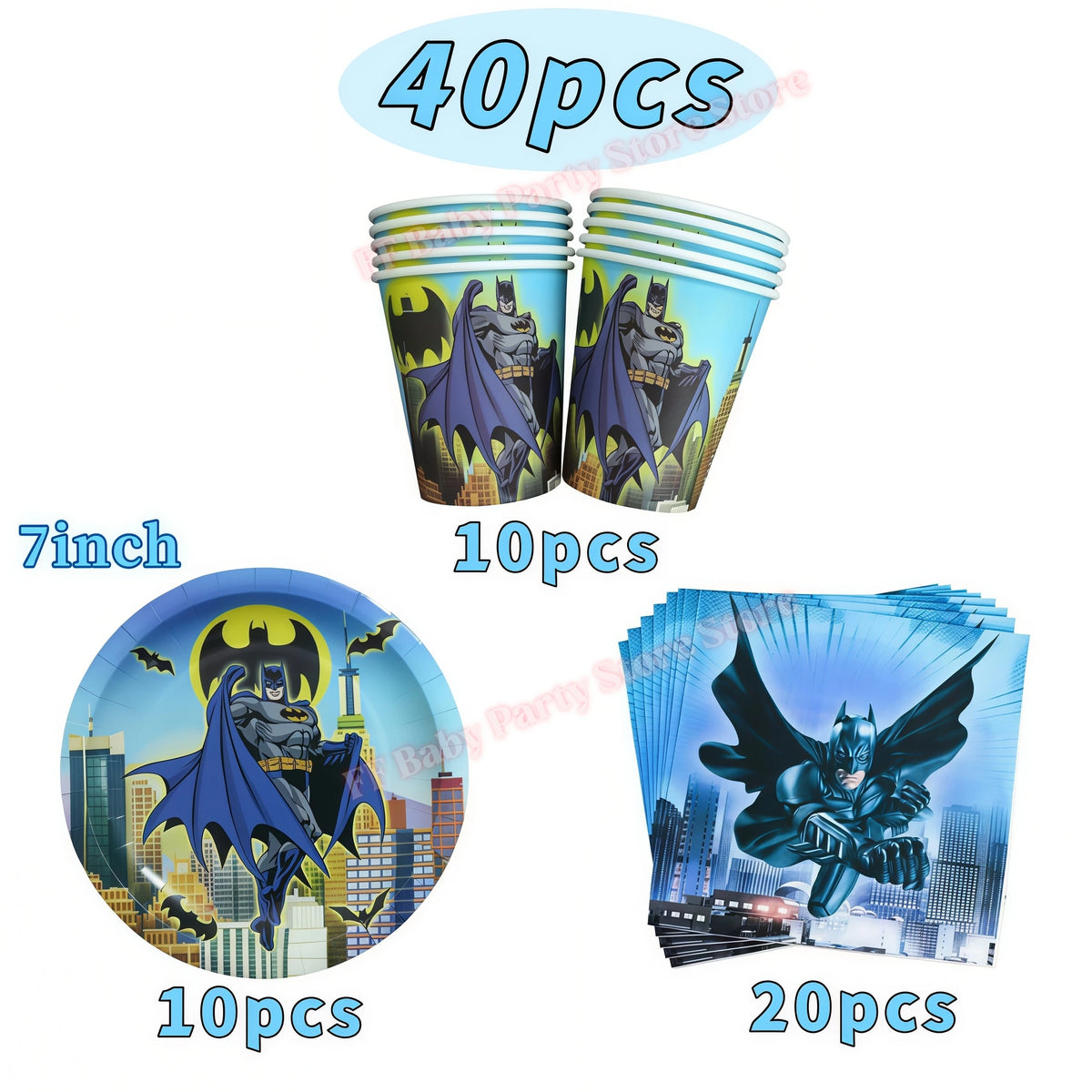 Bat Superhero Birthday Party Kit – Tableware, Balloons & Decor Party Decoration Kit Babs 40pcs