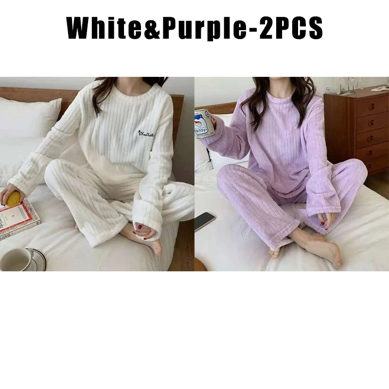 Women's Coral Fleece Flannel Pajama Set – Cozy Winter Loungewear Fleece Pajama Set Babs White Purple 2PCS One SIze