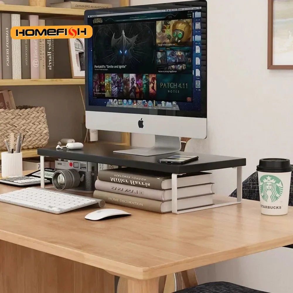 Elevated Monitor Stand with Storage Rack – Wood & Iron Desk Monitor Stand Organizer Babs