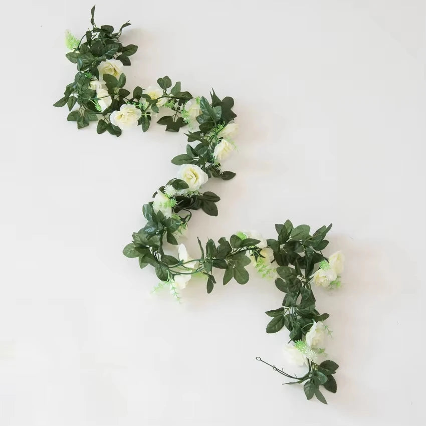Artificial Rose Vine Silk Garland – Wedding & Home Décor, 220cm Silk Flower Garland Babs WHITE 1 pc