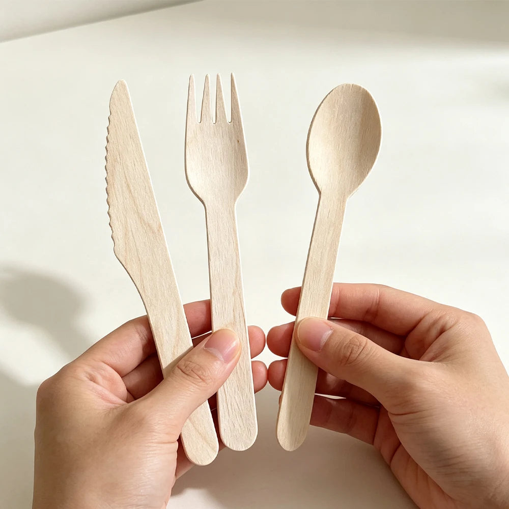Disposable Wooden Cutlery Set 60/120/360 Pcs – Knife Fork Spoon Disposable Cutlery Set Babs