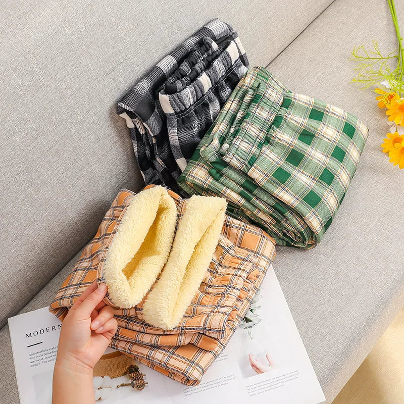 Women's Shearling Lined Plaid Flared Trousers High Waist Fleece Lined Trousers Babs