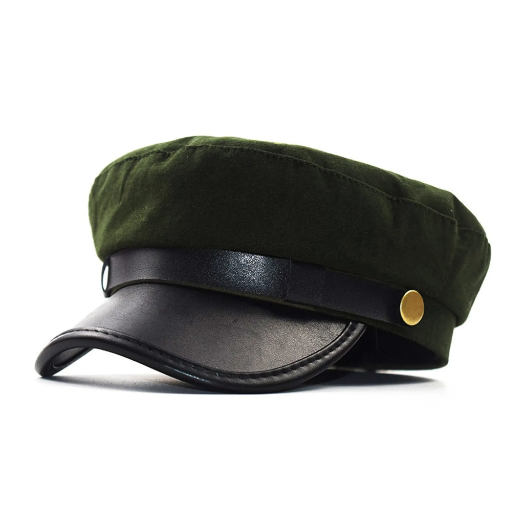 Unisex Flat Top Beret Cap – Vintage PU Leather Cycling Hat Flat Top Beret Cap Babs Army Green