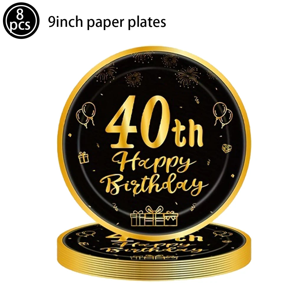 40th Birthday Party Decorations – Black & Gold Tableware Set