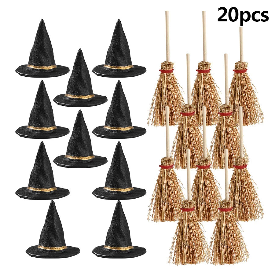 20Pcs Mini Witch Hats & Brooms Halloween DIY Decoration Set Halloween Craft Decor Babs