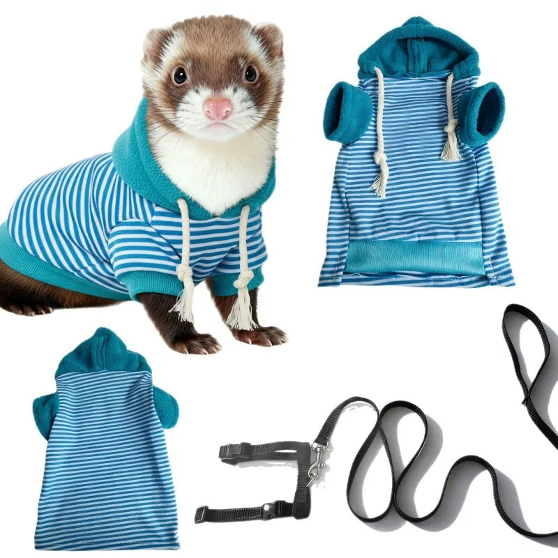 Pet Ferret Hooded Outfit with Leash – Warm Soft Walking Harness Pet Ferret Outfit Babs B
