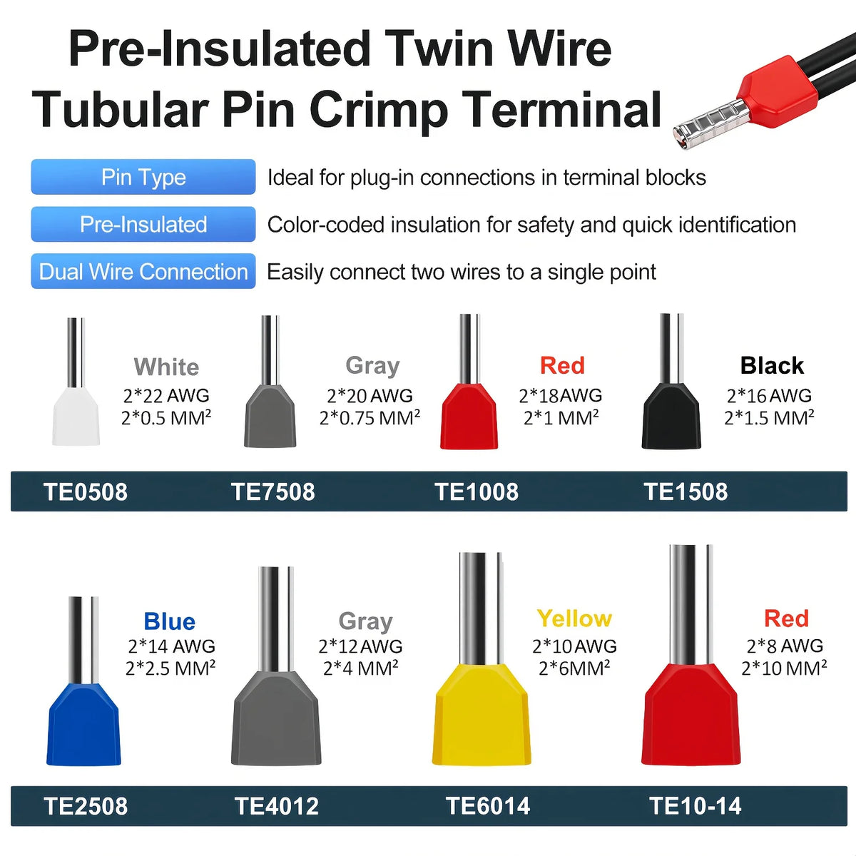 Double Wire End Ferrules Terminal – 100/750 Pcs Twin Pin Crimp Wire Ferrule Terminal Babs