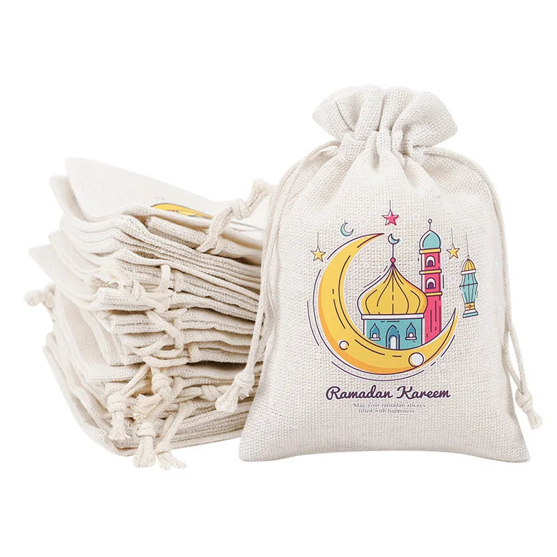 10Pcs Ramadan Linen Drawstring Gift Bags – Eid Mubarak Party Holiday Gift Bags Babs A 15x10cm