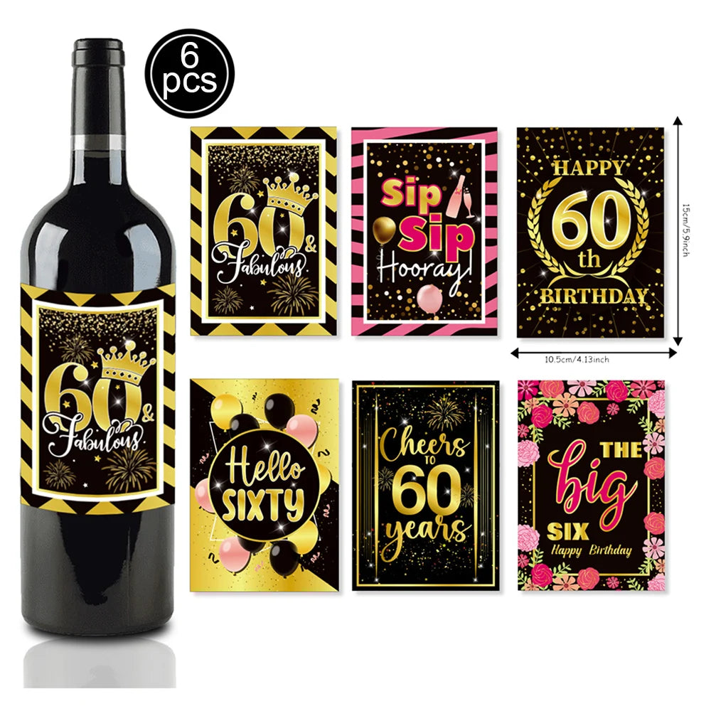 6pcs Black Gold 60th Birthday Water Bottle Labels & Stickers Birthday Party Stickers Babs black As picture show