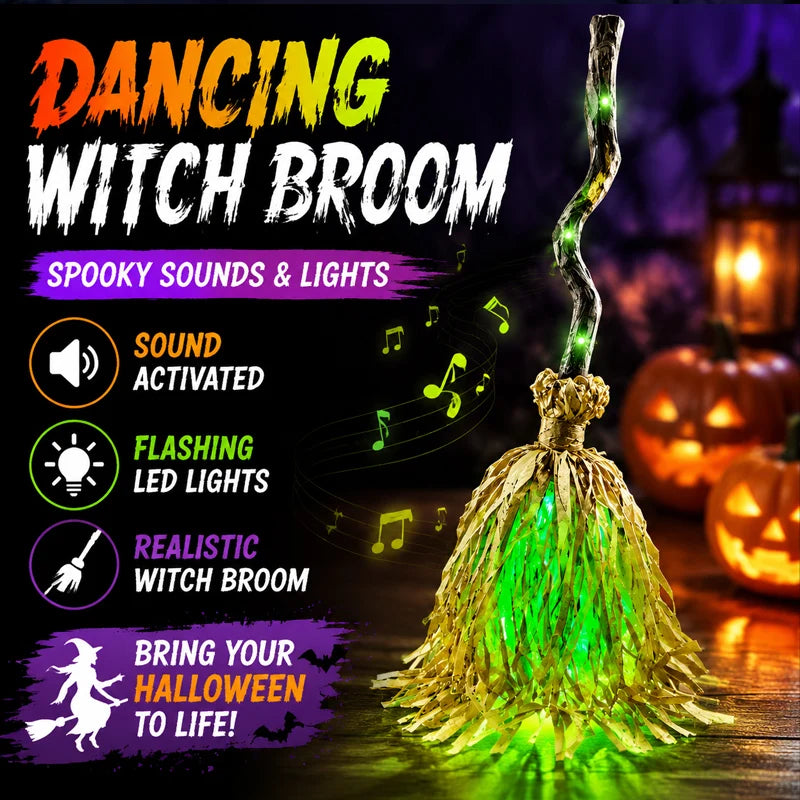 Light-Up Witch Broom with Sound & Auto-Bounce | Halloween Decor Halloween Prop Babs
