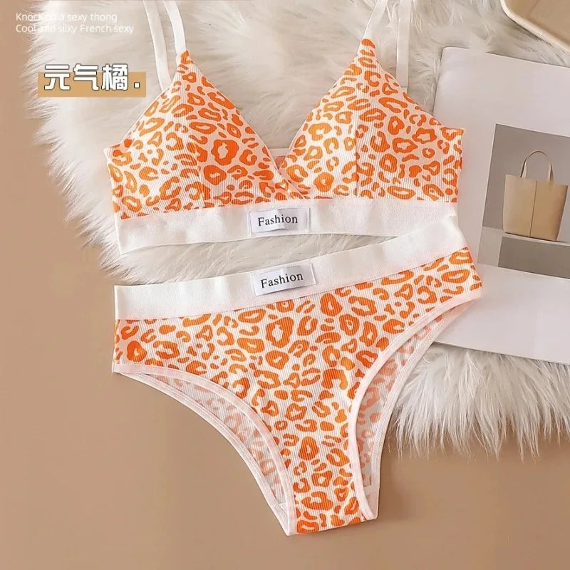 Women's Leopard Print Wire-Free Bra & Brief Set | Seamless Bra & Brief Set Babs Orange One Size