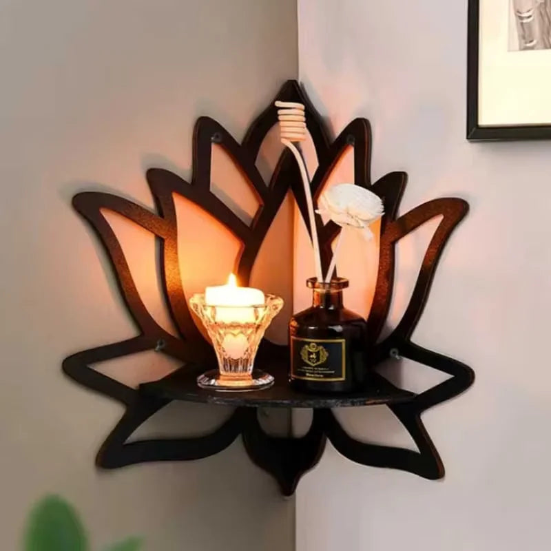 Wooden Lotus Hollow Wall Shelf – Candle & Essential Oil Rack Decorative Wall Shelf Babs black