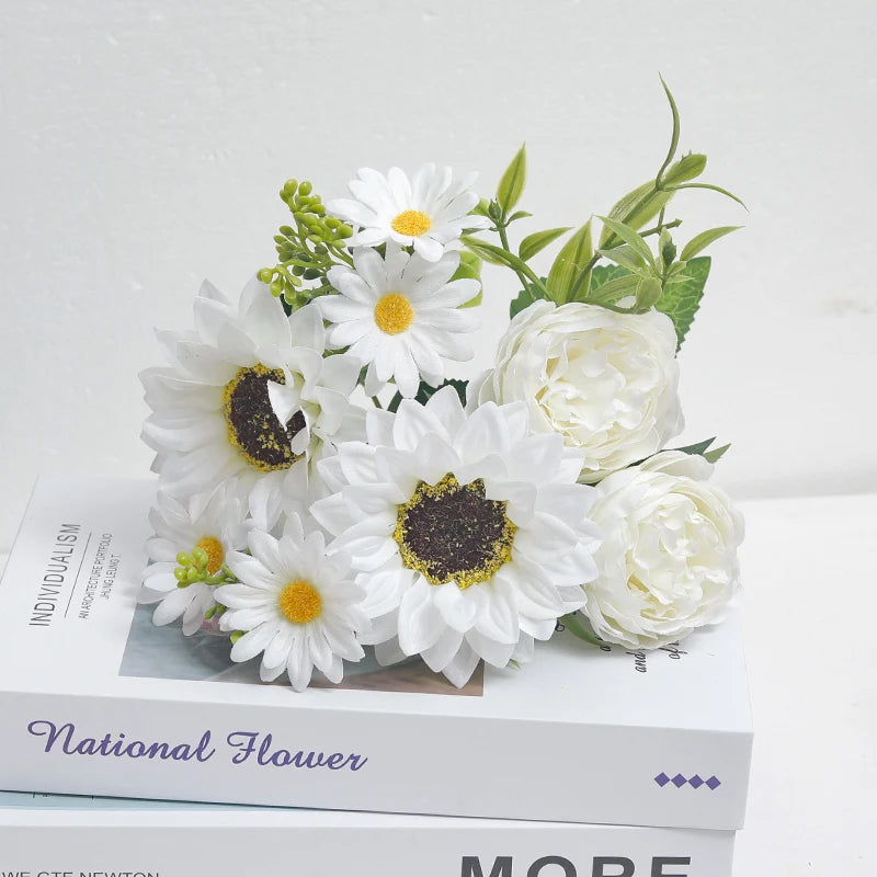 Silk Peony Sunflower Daisy Artificial Flowers – Home & Wedding Artificial Flower Stems Babs White 1PC