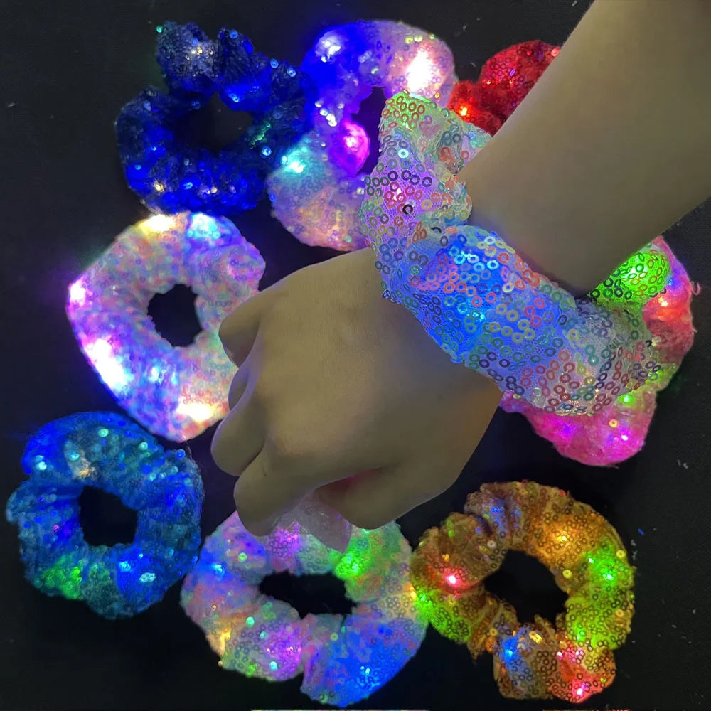 20pcs LED Glow Sequin Hair Scrunchies – 3 Light Modes Party LED Hair Scrunchies Babs