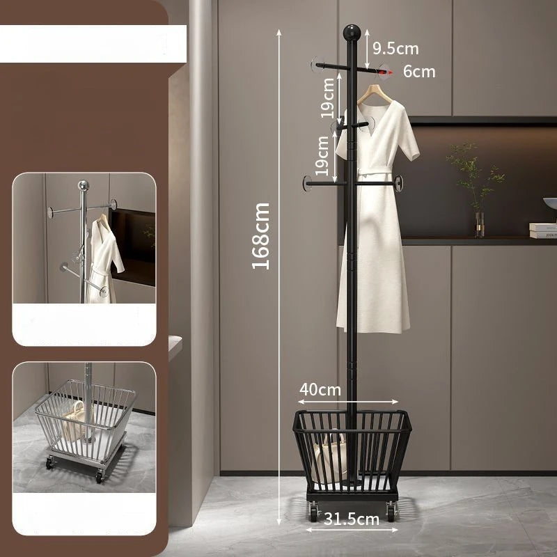 Standing Coat Rack with Basket – Metal Clothes Stand, 3 Hooks Standing Coat Rack Babs Black