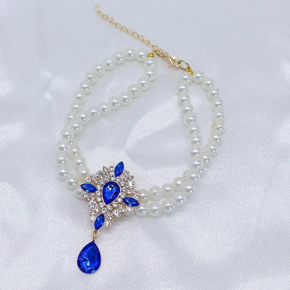 Double Layer Pearl Crystal Cat Necklace – Adjustable Collar Pet Collar Necklace Babs Blue S