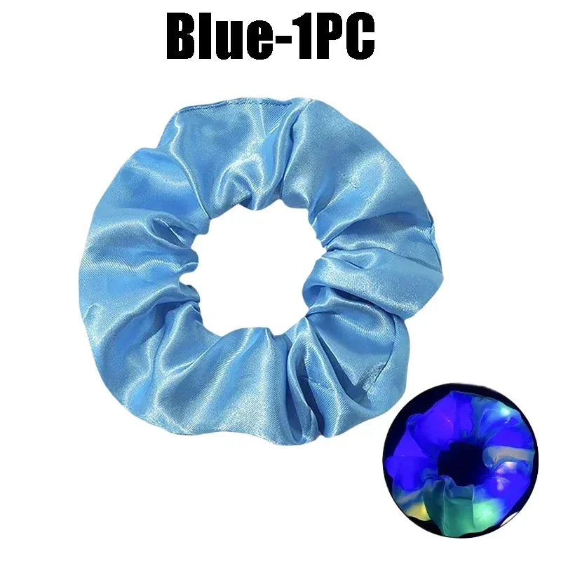 LED Light-Up Scrunchies – Satin Elastic Hair Bands for Parties LED Hair Scrunchies Babs Blue-1PC