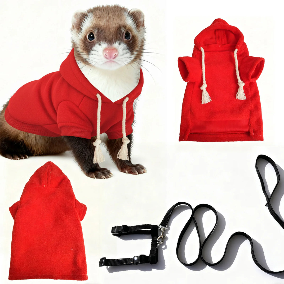 Pet Ferret Hooded Outfit with Leash – Warm Soft Walking Harness Pet Ferret Outfit Babs C