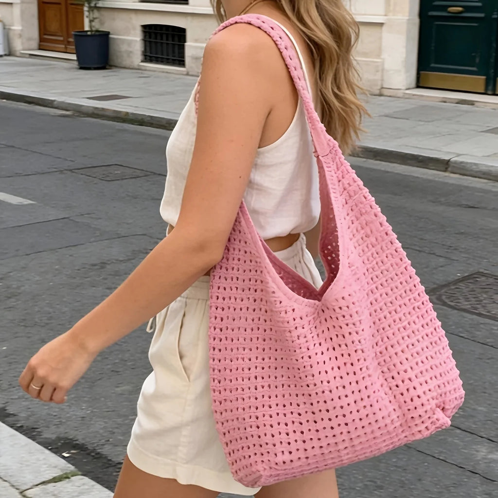 Bohemian Crochet Shoulder Bag – Large Woven Tote for Women Crochet Shoulder Bag Babs Pink