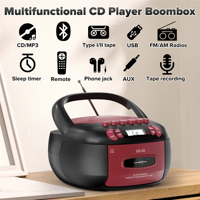 Portable Boombox CD Cassette Player – Bluetooth AM/FM USB AUX Portable Boombox Player Babs Red Black EU Plug NONE