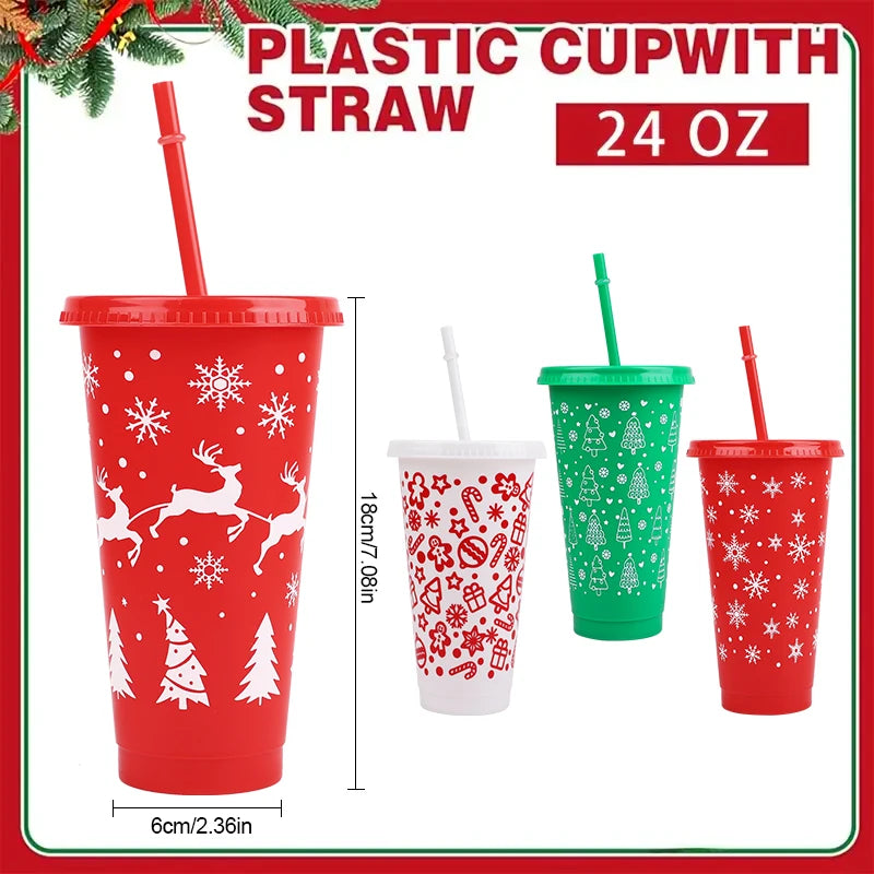 5-Pack 24oz Christmas Plastic Cups with Lids & Straws – Reusable Holiday Drinkware Set Babs