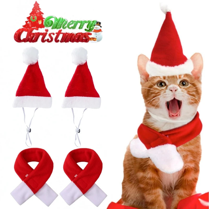 Christmas Santa Hat & Scarf Set for Cats & Small Dogs Pet Costume Set Babs