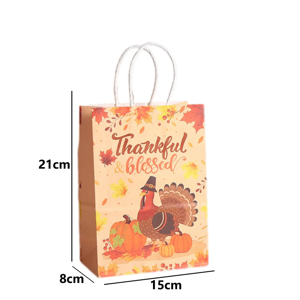 Thanksgiving Kraft Gift Bags | Maple Leaf, Pumpkin & Turkey Print Kraft Paper Gift Bags Babs A-8 15x8x21cm 40pcs