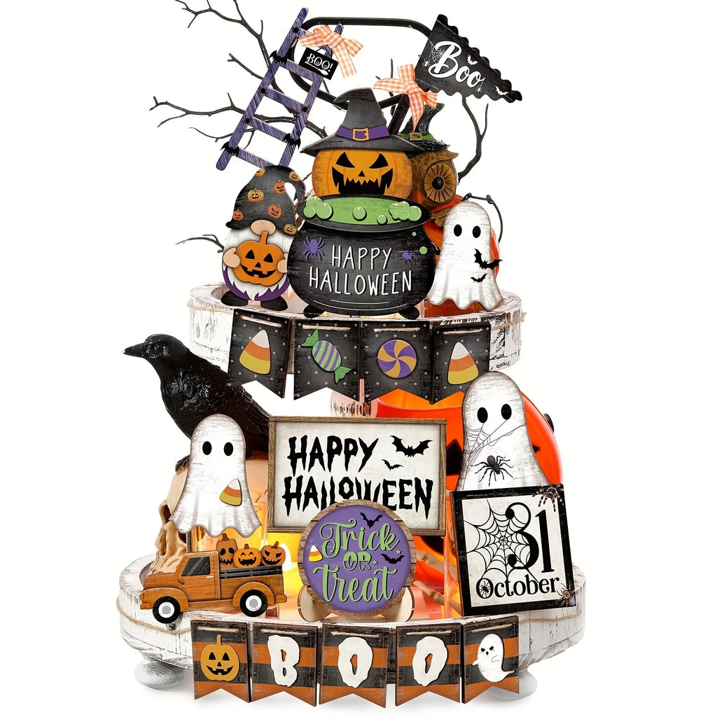 21-Piece Halloween Wooden Tiered Tray Decor Set | Tabletop Halloween Tiered Tray Decor Babs